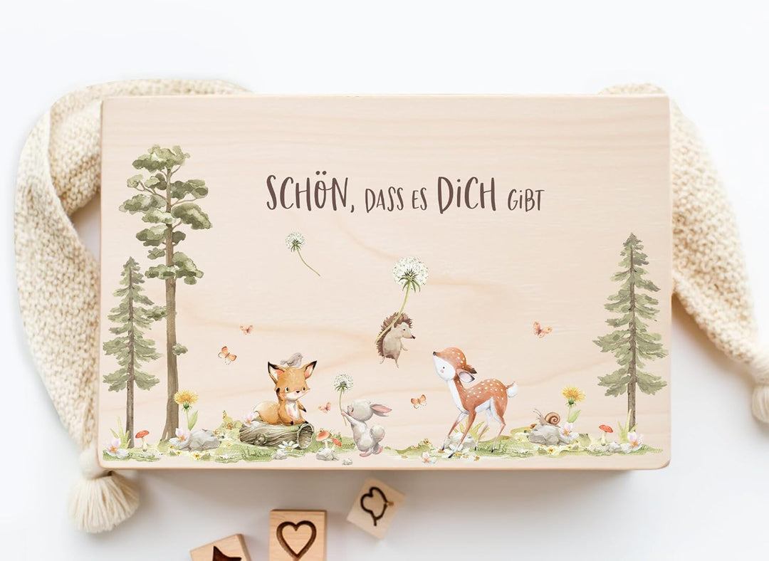 Little Deco Baby Erinnerungsbox Holzkiste mit Deckel | L - 40 x 30 x 22 cm | Waldtiere Geschenk zur
