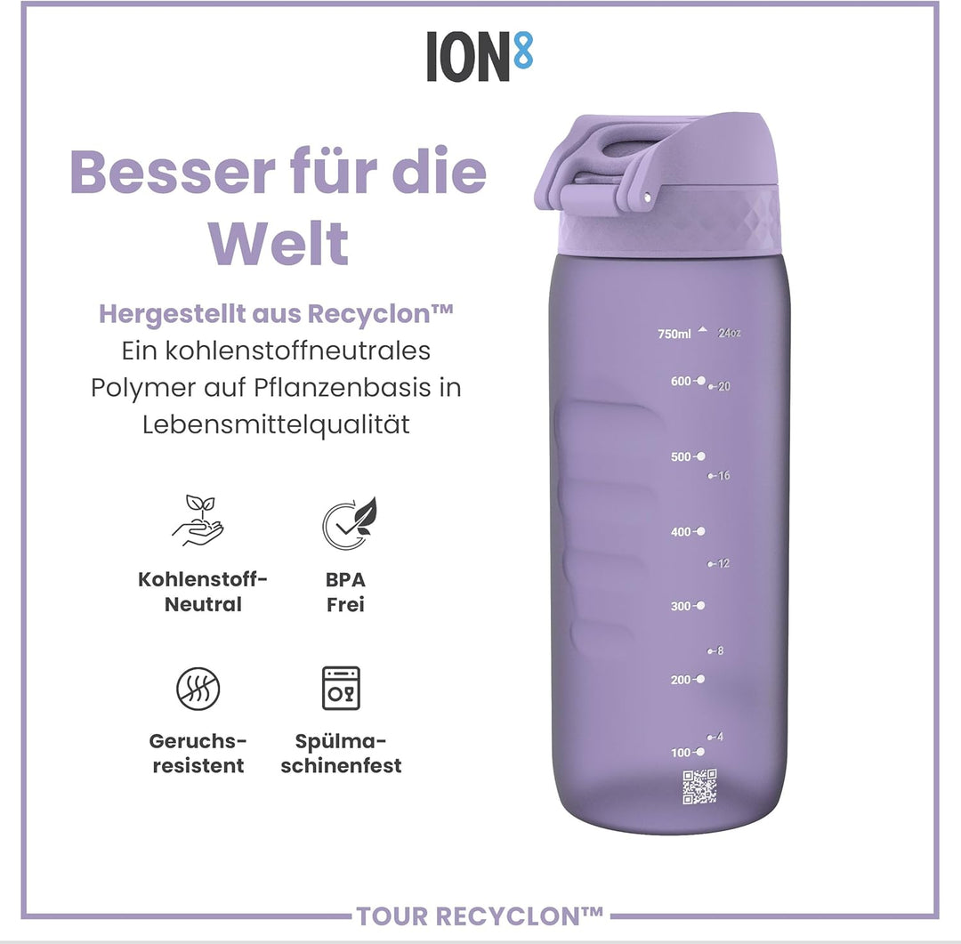 Ion8 Trinkflasche, 750ml, Auslaufsicher, Einhandöffnung, Sichere Verriegelung, Spülmaschinenfest, BP