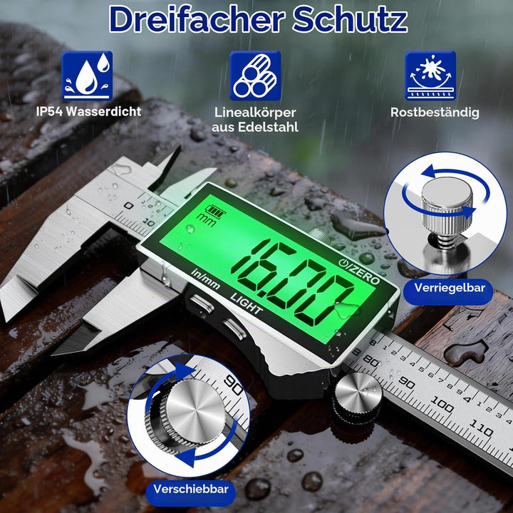 Preciva 150mm Digitaler Messschieber, Digitale Schieblehre Edelstahl Wiederaufladbar IP54 - Wasserdi