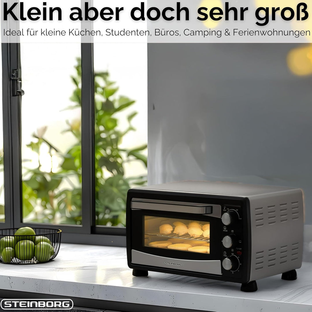 Steinborg® Mini Backofen mit Umluft 20 Liter Pizzaofen Krümelblech Umluftfunktion Ober- und Unterhit