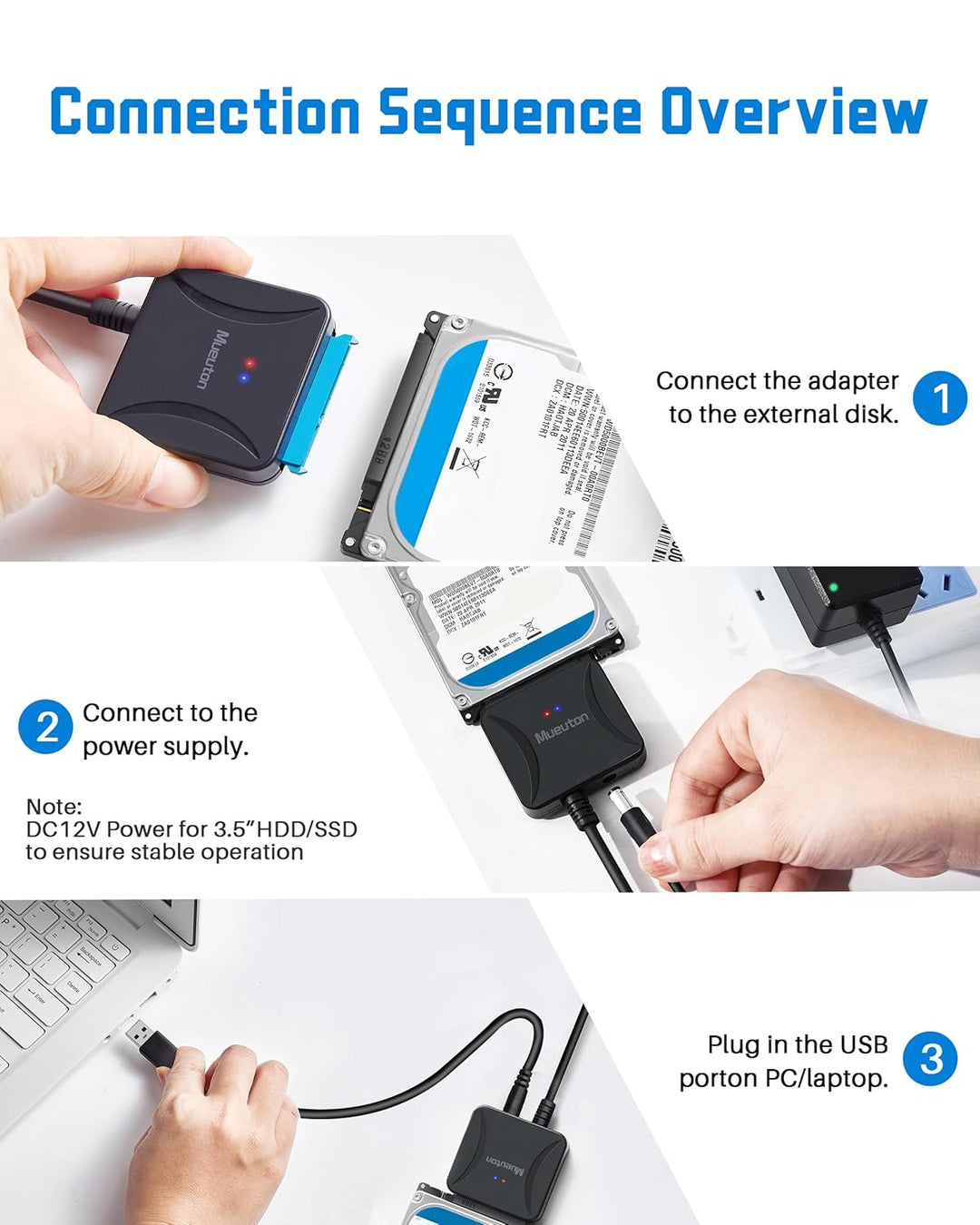 Mueuton SATA USB Adapter, USB 3.0 auf SATA III Festplattenadapter für 2,5 Zoll / 3,5 Zoll HDD/SSD Fe
