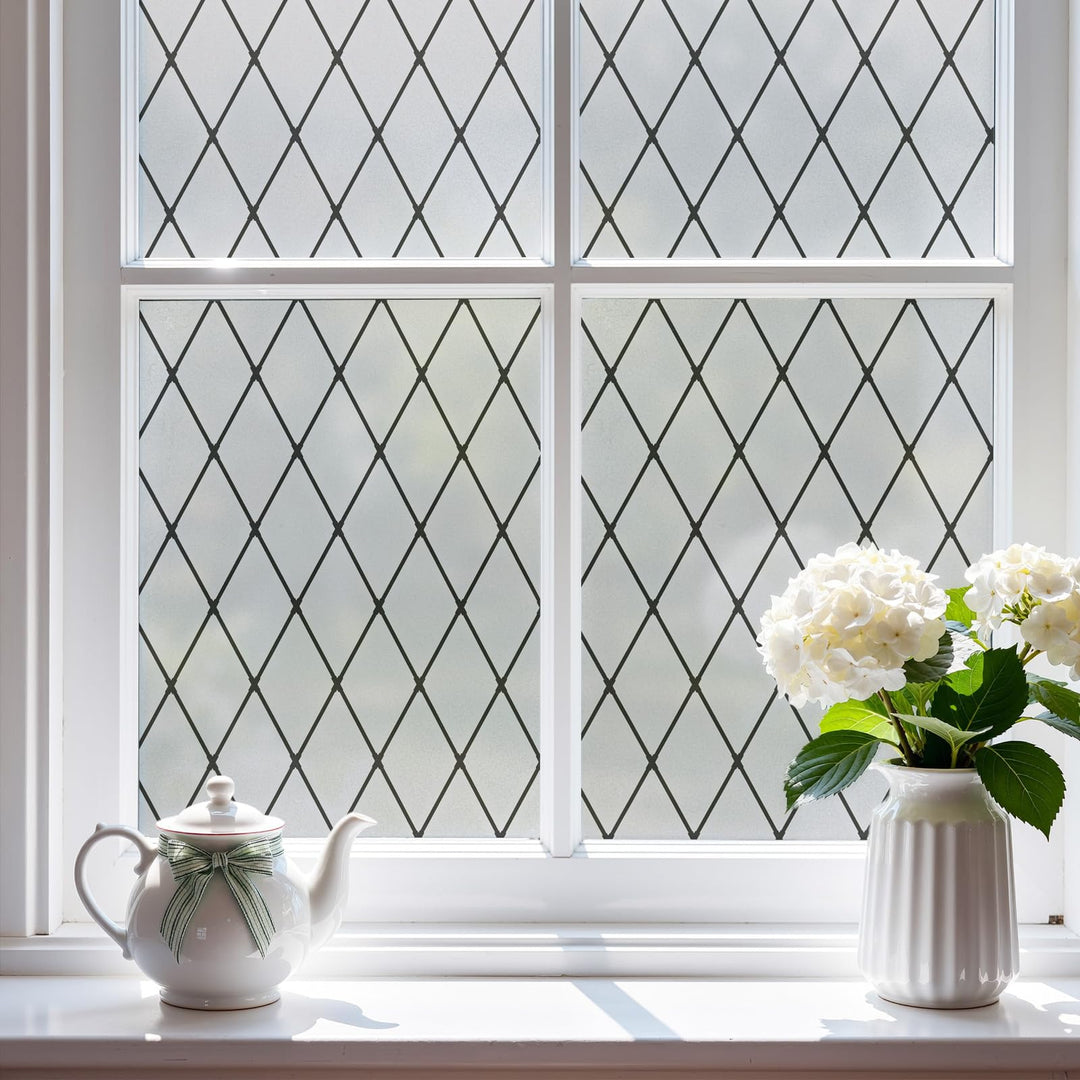 FEOMOS Fensterfolie Schwarze Gitter, Milchglasfolie Statisch Haftend Fensterfolie, Blickschutzfolie