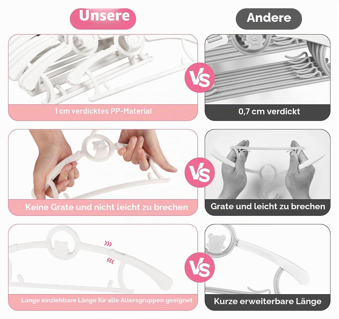 20 Stück Mitwachsende Kinderkleiderbügel Platzsparend mit Stapelbaren Bärchen-Haken rutschfeste Klei