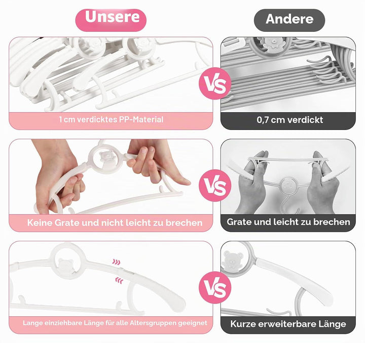 20 Stück Mitwachsende Kinderkleiderbügel Platzsparend mit Stapelbaren Bärchen-Haken rutschfeste Klei