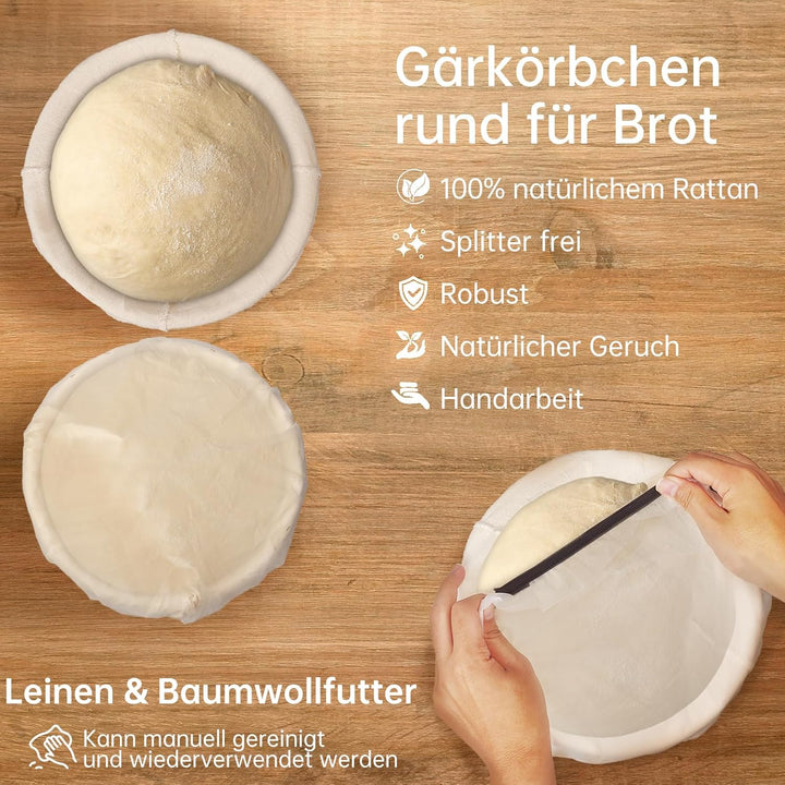 Gärkorb Brot Set, Gärkörbchen Rund 23 cm aus Natürlichem Rattan, Inklusive Bäckermesser, Bäckerleine