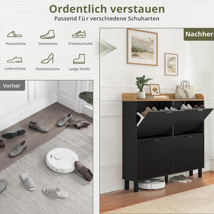 LUE BONA Schuhschrank schmal, Schuhschrank mit 4 Flip-Klappen, Schuhkipper mit Holzfüssen, Schuhrega
