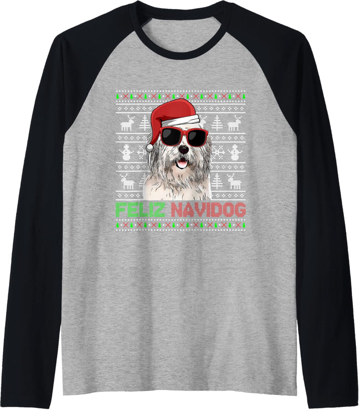 Old English Sheepdog Feliz Navidog Funny Christmas Raglan