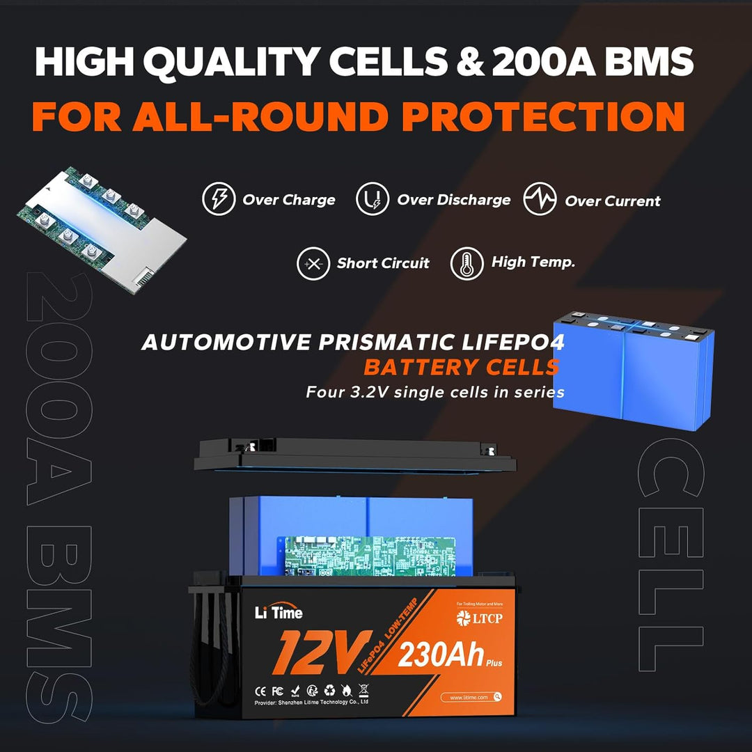 Litime 12V 230Ah Plus Low-Temp-Schutz LiFePO4 Batterie Eingebautes 200A BMS, Max 2944Wh Energie, Lit