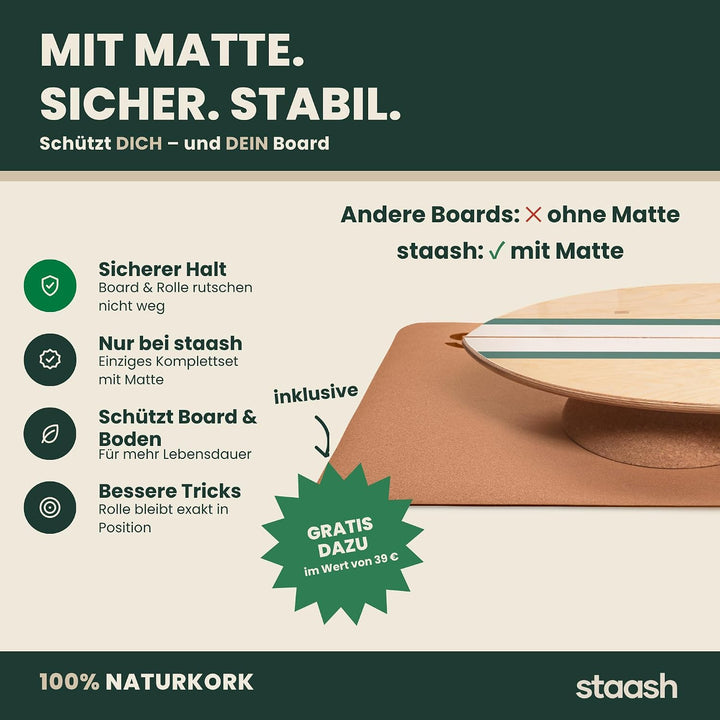 STAASH® Pro Balance Board inkl. Schutzmatte & Rolle + VIDEOKURS - Gleichgewichtstrainer für Indoor-S