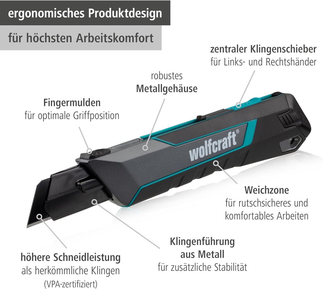 wolfcraft Cuttermesser PRO SAFETY, 25 mm - mit optimale Ergonomie für Links- und Rechtshänder - Extr