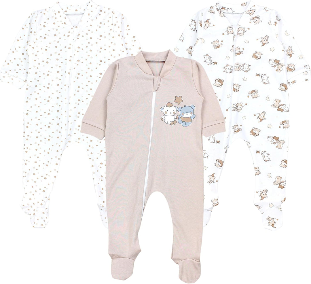 TupTam Unisex Schlafstrampler 3er Pack Baumwolle mit Reissverschluss 62 Bärchen Sterne Beige, 62 B&#