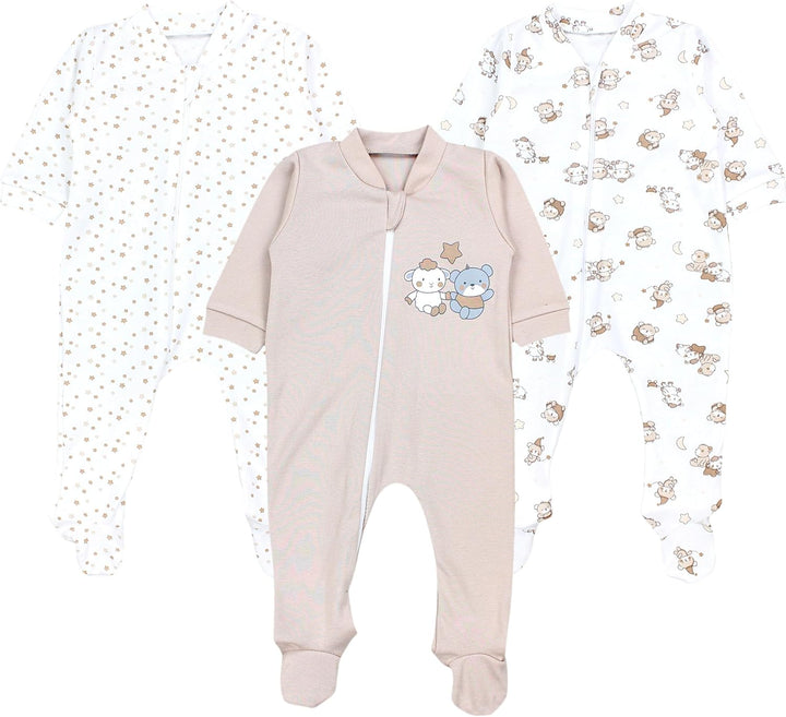 TupTam Unisex Schlafstrampler 3er Pack Baumwolle mit Reissverschluss 62 Bärchen Sterne Beige, 62 B&#