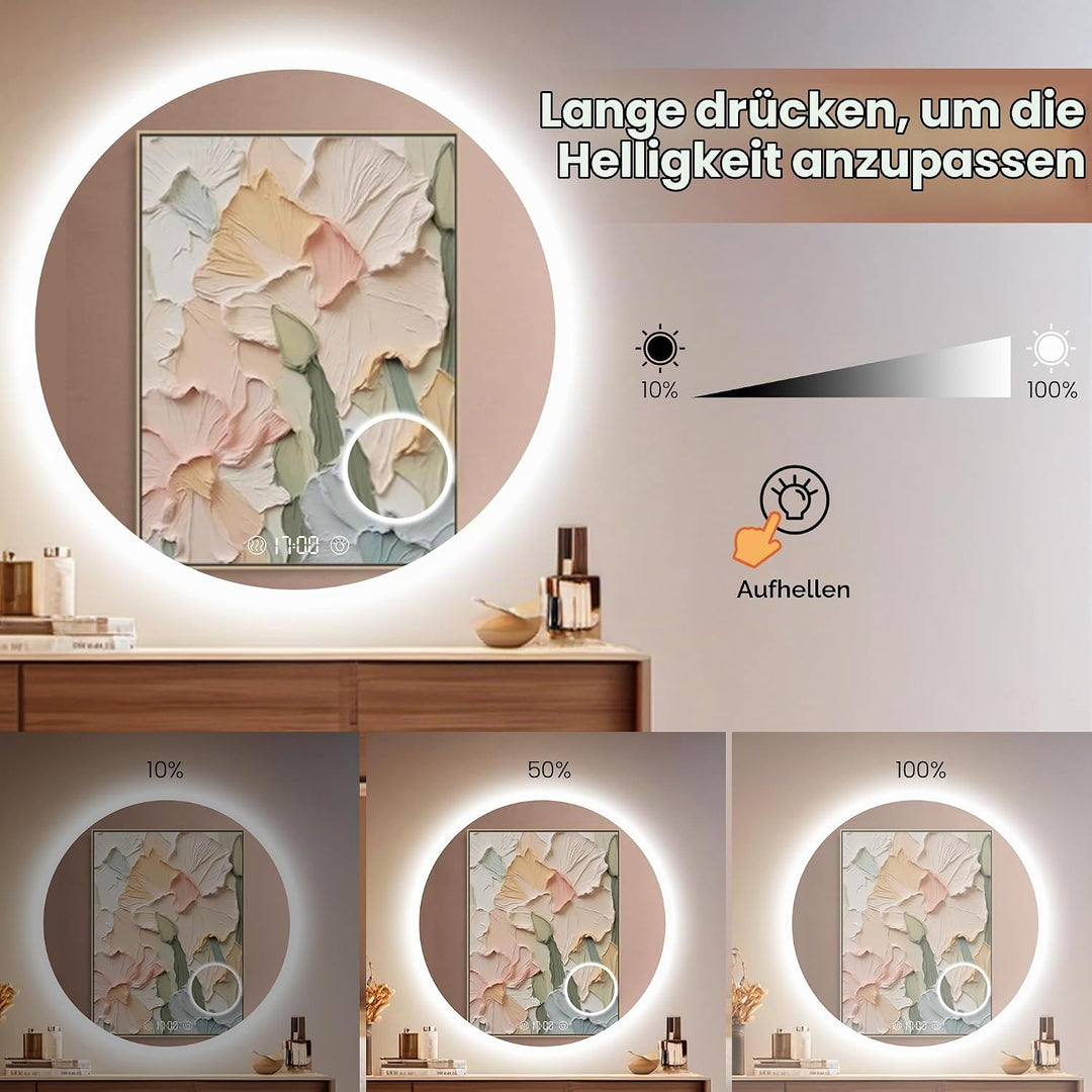Habison Rund LED Badspiegel mit Beleuchtung 70 x 70cm LED Badezimmerspiegel Wandspiegel mit Uhrzeit