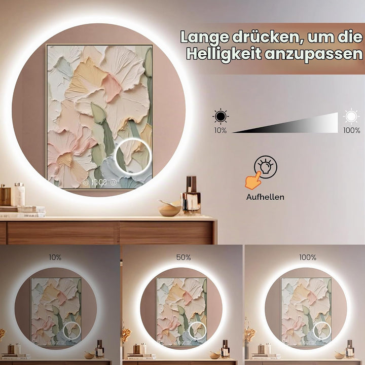 Habison Rund LED Badspiegel mit Beleuchtung 70 x 70cm LED Badezimmerspiegel Wandspiegel mit Uhrzeit