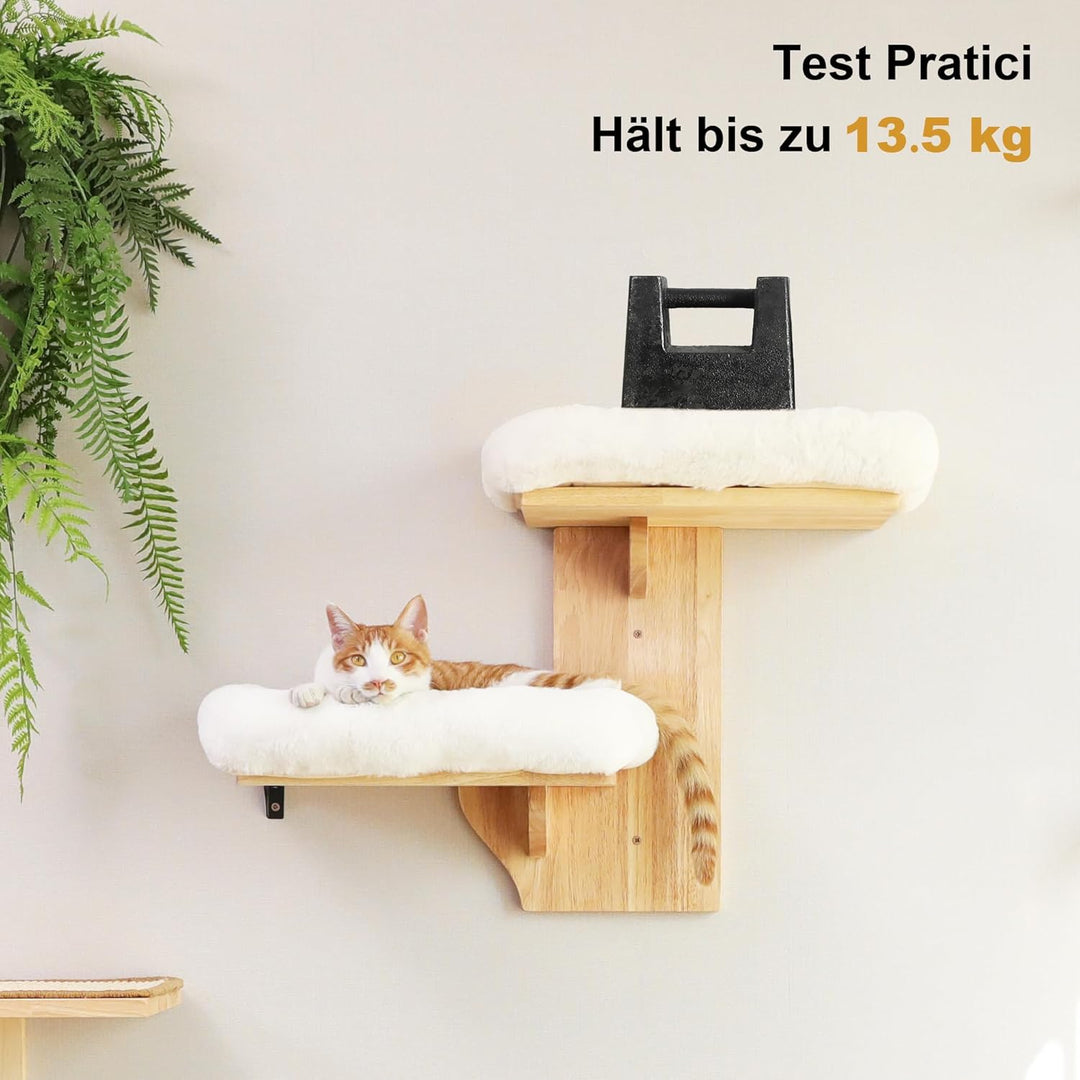 FUKUMARU Kletterwand Katze, 2 Plattform-Katzen-Wandmöbel aus Massives Gummiholz，40,6 cm Wandmontiert