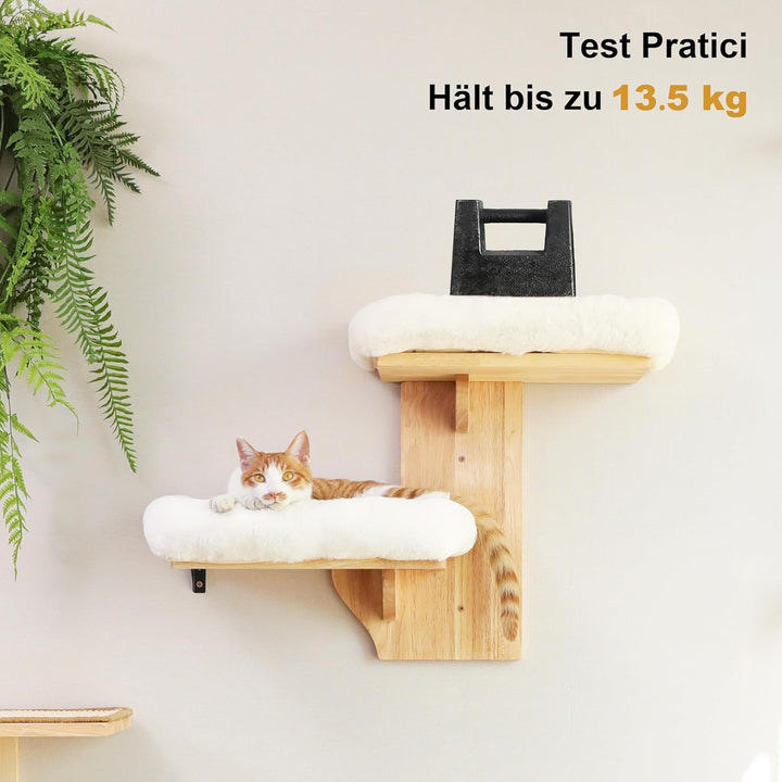 FUKUMARU Kletterwand Katze, 2 Plattform-Katzen-Wandmöbel aus Massives Gummiholz，40,6 cm Wandmontiert