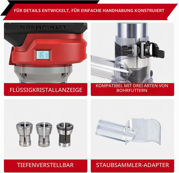 ONEVAN Akku Oberfräse mit Display, Kabellose Kantenfräse 6 Stufen Regelung, 30mm Frästiefe, 3 Spannz