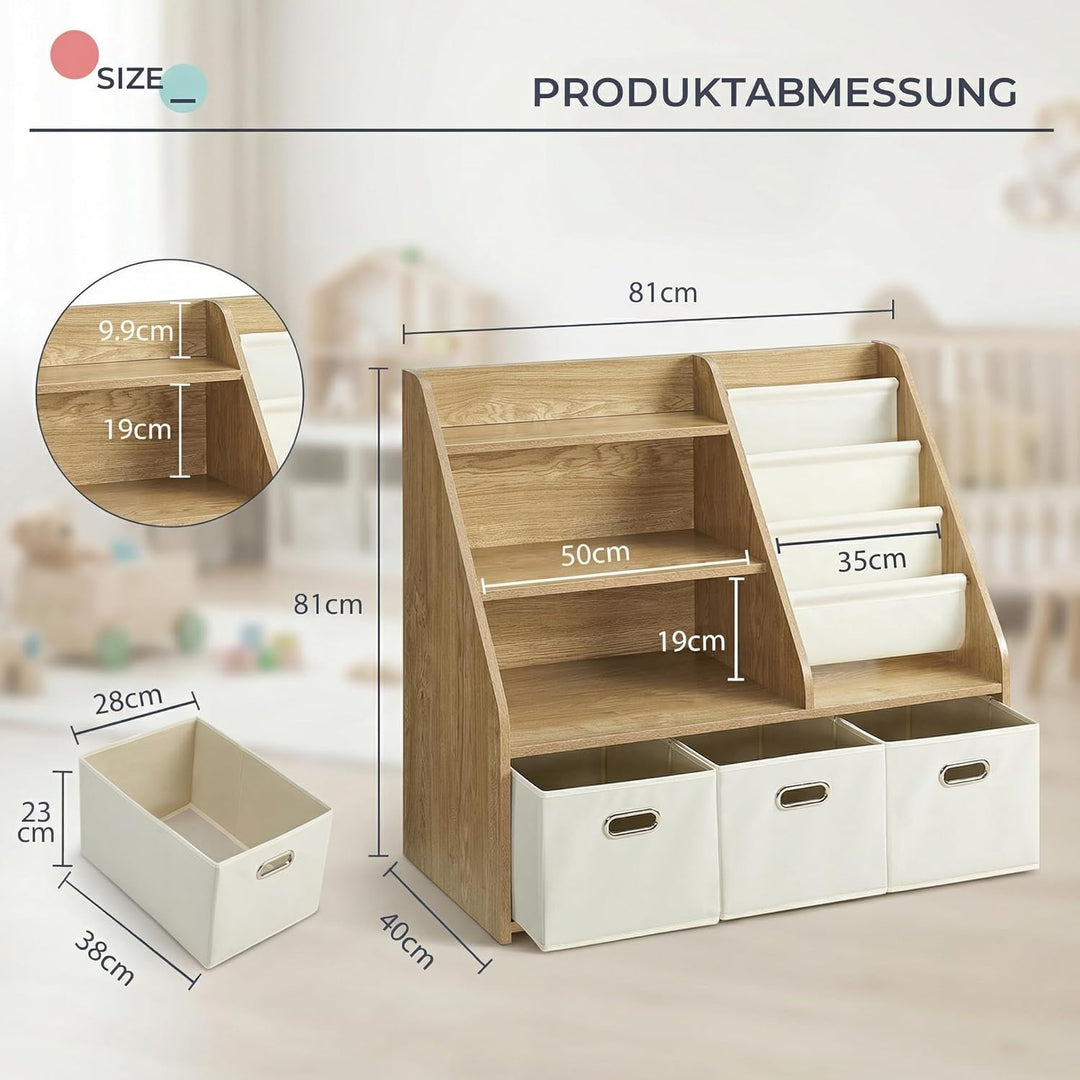 Kinder Bücherregal mit Aufbewahrung – 4‑stufiges Montessori Spielzeugregal aus Holz mit 3 Schubladen