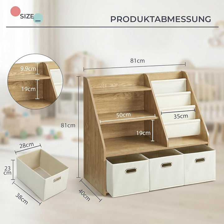 Kinder Bücherregal mit Aufbewahrung – 4‑stufiges Montessori Spielzeugregal aus Holz mit 3 Schubladen