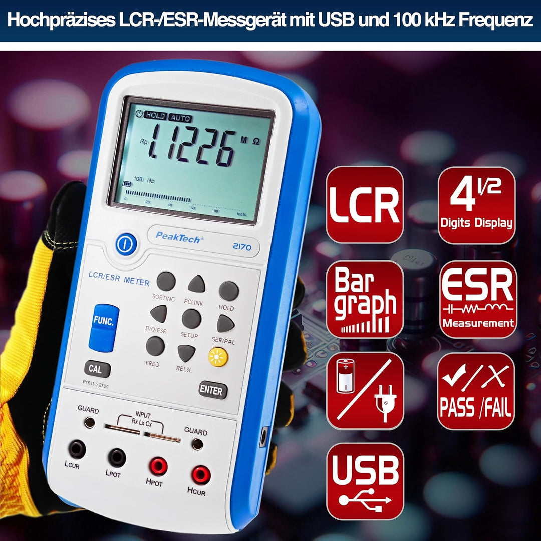 PeakTech 2170 – LCR-Meter, ESR-Messgerät mit USB inkl. Software, LCR Auto-Erkennung, Frequenz 1/120