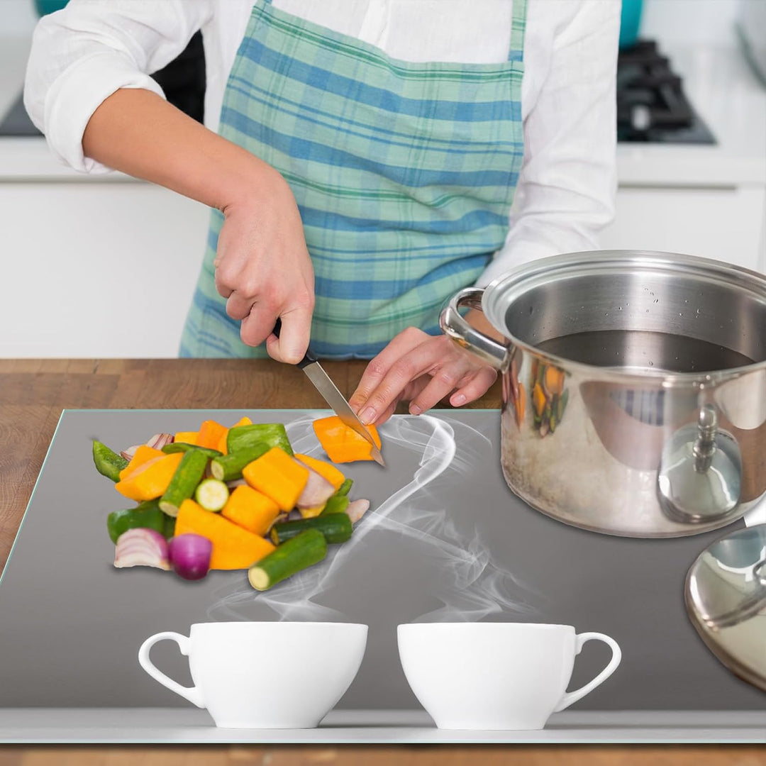 SmartDecoration Herdabdeckplatte Ceranfeldabdeckung aus Glas 80x52 cm Einteilig Motiv "Kaffee" Grau