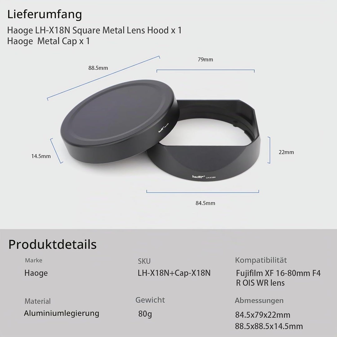 Haoge LH-X18N Bajonett-Gegenlichtblende aus Metall, quadratisch, für Fujifilm xf 16-55 II Fuji XF 16