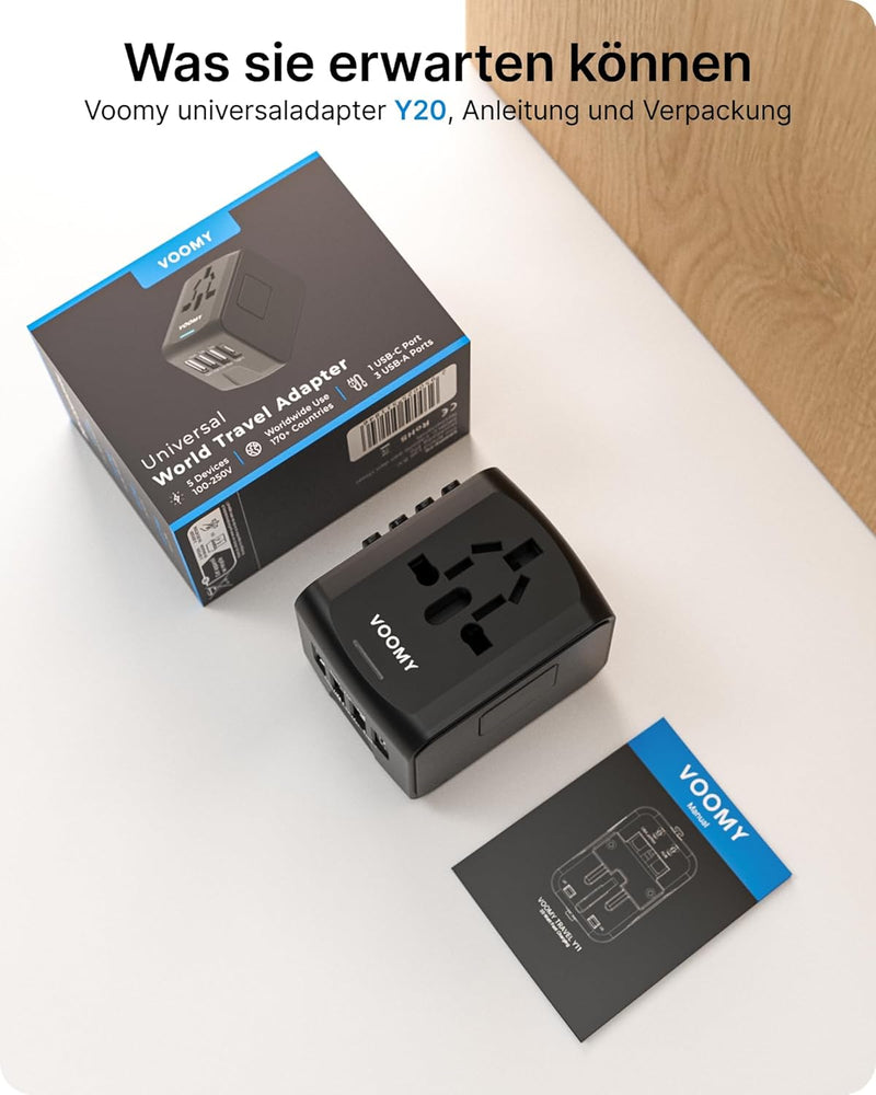 VOOMY Reiseadapter Weltweit, Universal Reisestecker mit 3USB, 1USB, 1AC Steckdose, Reiseadapter Euro