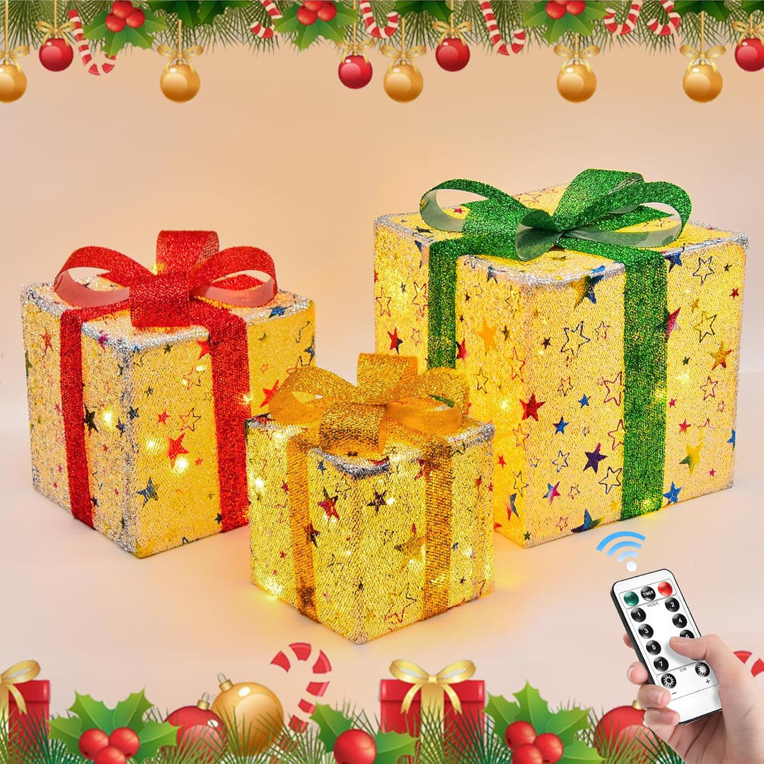 JONRRYIN LED Geschenkbox Weihnachten, 3er Set LED Deko Geschenkbox mit Fernbedienung, Timer, 8 Blitz