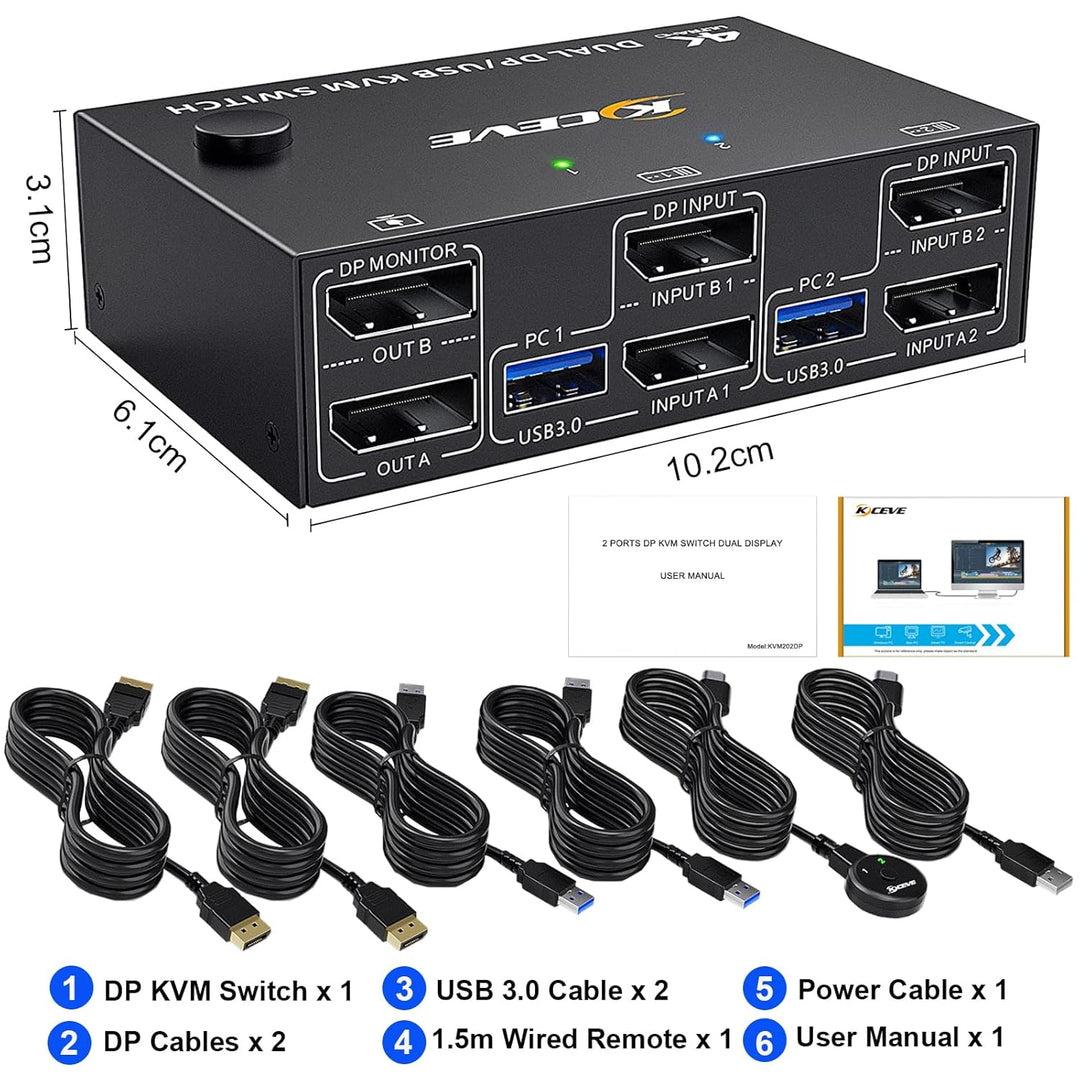 USB 3.0 KVM Switch 2 PC 2 Monitore Displayport, KVM Switch Dual Monitor 4K@144Hz für 2 PC Teilen 4 U