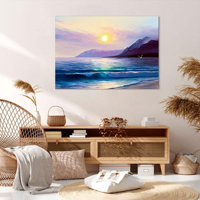 Bilder auf Leinwand 100x70cm Leinwandbild mit Rahmen Berge Meer Welle Gross Wanddeko Bild Schlafzimm