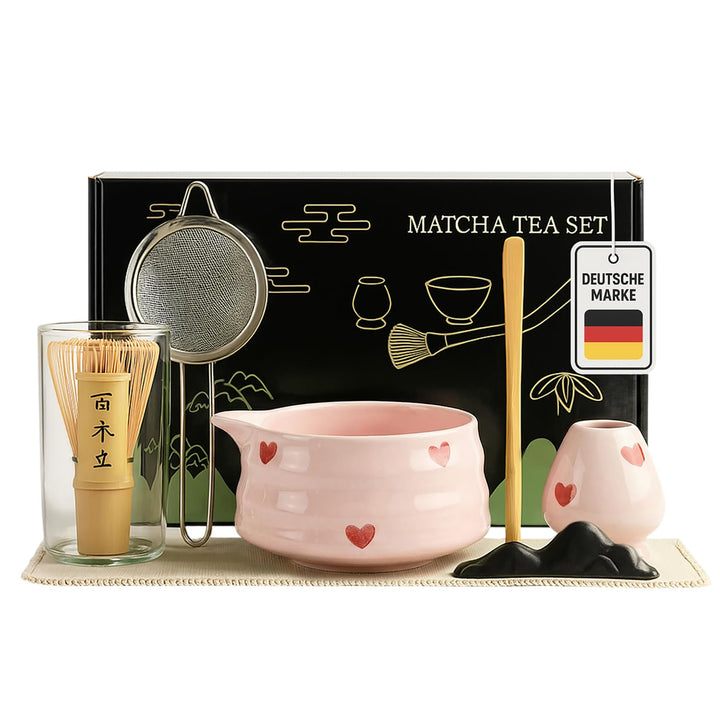 Matcha Set 7-teilig – Premium Tee Set mit Keramik Matcha Schale, Bambus Schneebesen (Chasen), Sieb &amp;
