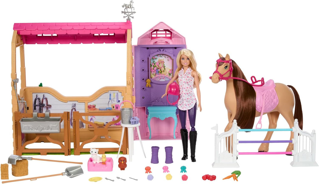 Barbie Spielzeugstall-Spielset mit Puppe, Pferd und Zubehör, mehr als 25 Teile mit 6 Spielbereichen,