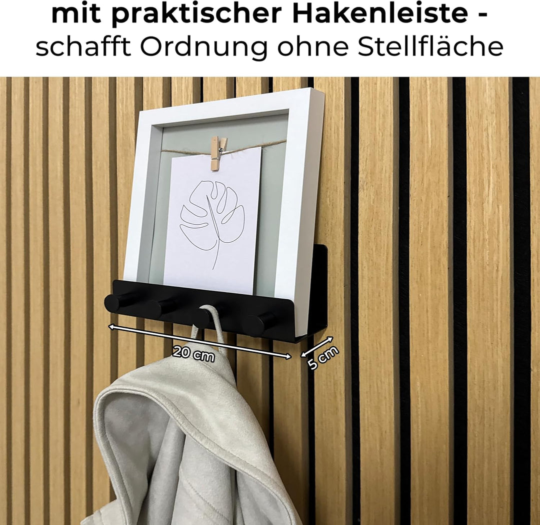 Wandregal mit Hakenleiste Einhängeregal für uficell Akustikpaneele 20 cm lang – schwarzes Metallrega