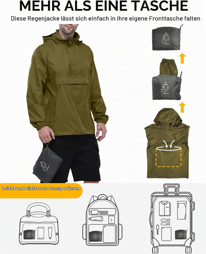 Outdoor Ventures Herren Regenjacke Wasserdichter Pullover mit Kapuze Packbare Reflektierende Jacke L