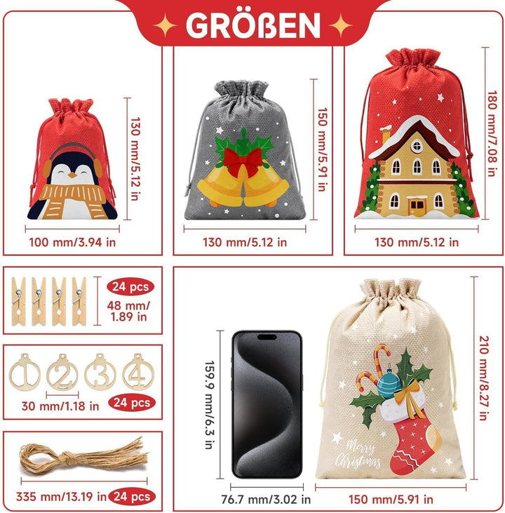 3 Grössen Adventskalender zum Befüllen, Adventskalender Selbst Befüllen Gross, Stoff Weihnachtskalen