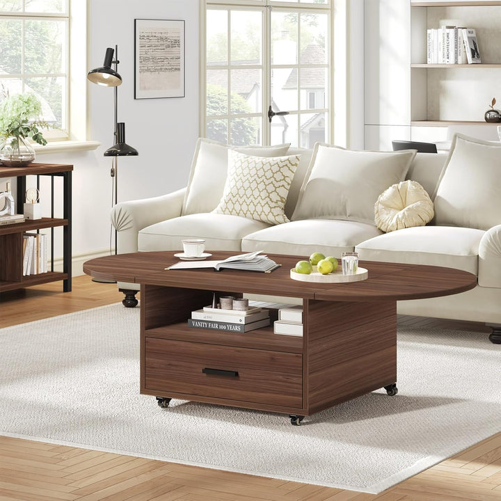 IBF Oval Couchtisch mit Stauraum Holz Wohnzimmer Tisch mit Schublade Klappbarer Couchtisch Für Schla
