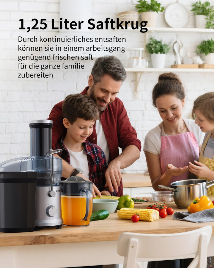GDOR 1300W Entsafter mit Extra Grossem 81mm Einfüllschacht Grossem 1.25L Saftkrug Entsafter Gemüse u