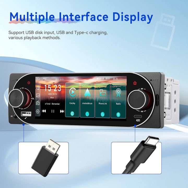 CAMECHO Autoradio 1 Din Wireless Carplay Android Auto Radio Bluetooth 5.2 mit Rückfahrkamera, 5.1 Zo
