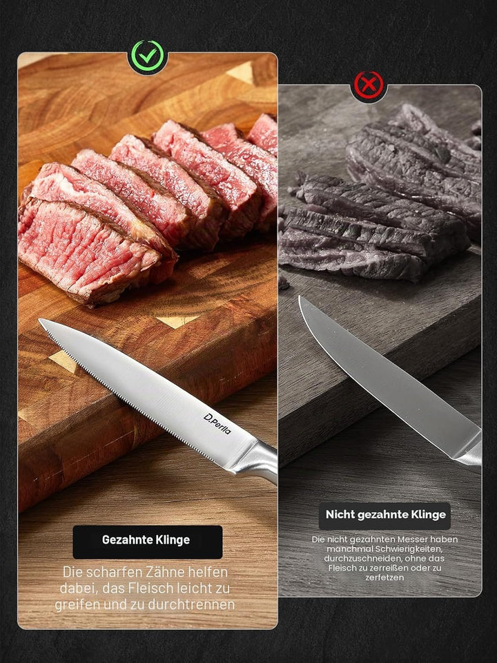 D.Perlla Steakmesser, Steakmesser Set 9-teilig，Scharfes Steakmesserset mit ergonomischem Griff, 8 St