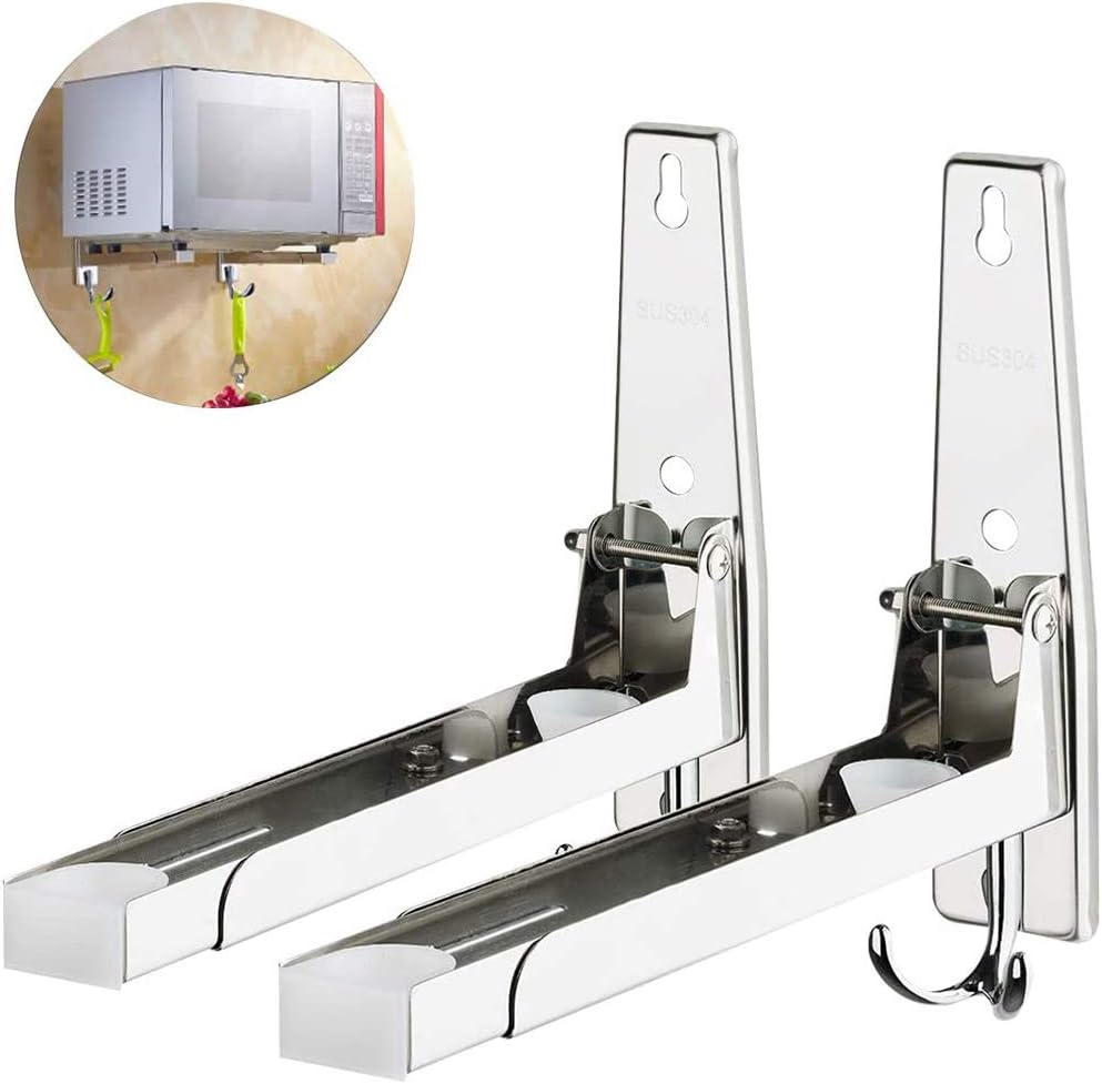 2 Stück Mikrowellenhalterung Wand aus Edelstahl, Universal Mikrowellen Halterung,Mit 2 Haken,Faltbar
