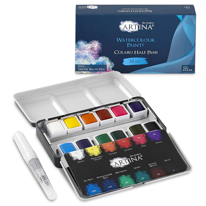 Artina Colaro Farbkasten Aquarellfarben 12 Set Wasserfarbe Malkasten Metallkasten mit Aquarell Palet