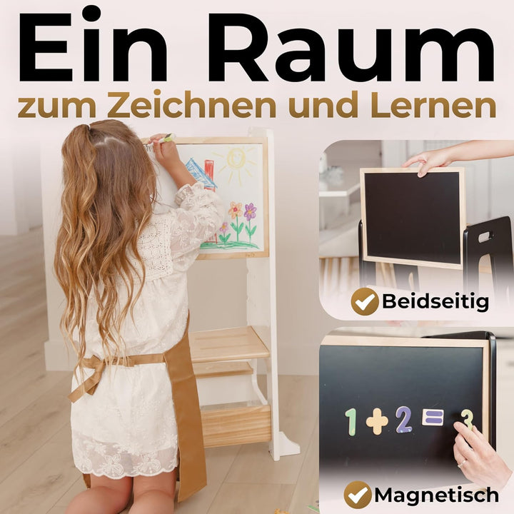 BEY &amp; CO® Lernturm/Entdeckerturm aus Holz – Küchenhelfer für Kinder – 3-Fach höhenverstellbar, mit R