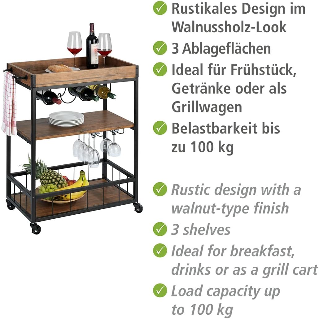 WENKO Küchenwagen Rustico, 3 Etagen, vielseitiger Servierwagen mit 4 Rollen, Kücheninsel mit Weingla