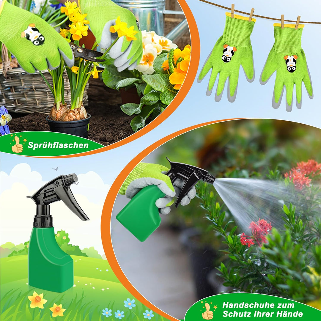 IEEILULU Kinder Gartengeräte Set, Gartenwerkzeug Kinder aus Holz 7 Teilig, Gartenspielzeug Abnehmbar