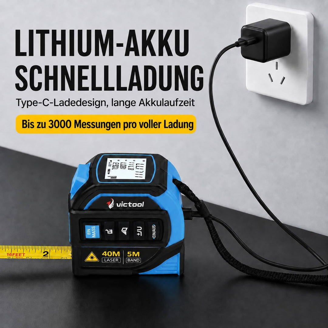 4-in-1 Laser Massband 40m + 5m Bandmass, Wiederaufladbarer Laser-Entfernungsmesser mit Wasserwaage u