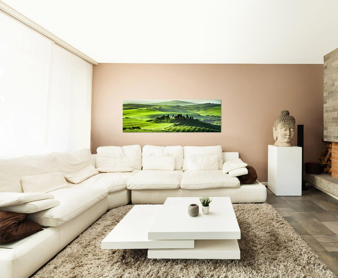 Paul Sinus Art Panoramabild auf Leinwand und Keilrahmen 150x50cm Toskana Wiesen Bäume Haus Sonnenauf