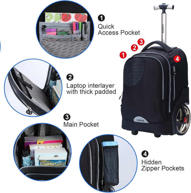 UNIKER Rollen-Laptoptasche für 14-Zoll-Laptops, Rollen-Büchertasche für Jugendliche, Rollen-Reisetas