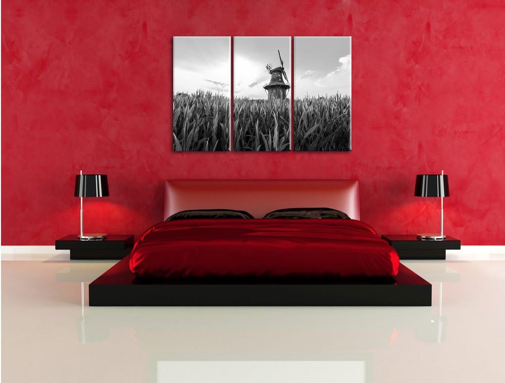Pixxprint Windmühle auf dem Feld / 3-Teilig/Gesamtmass 120cm Leinwandbild bespannt auf Holzrahmen/Wa