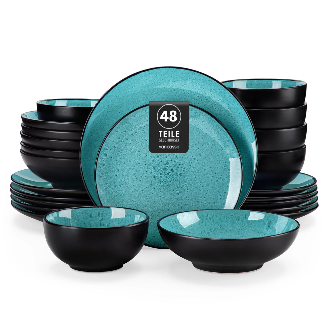 Steingut Geschirr Set, vancasso BUBBLE Tafelservice 6/12 Personen, Geschirrset 12 Personen aus Stein