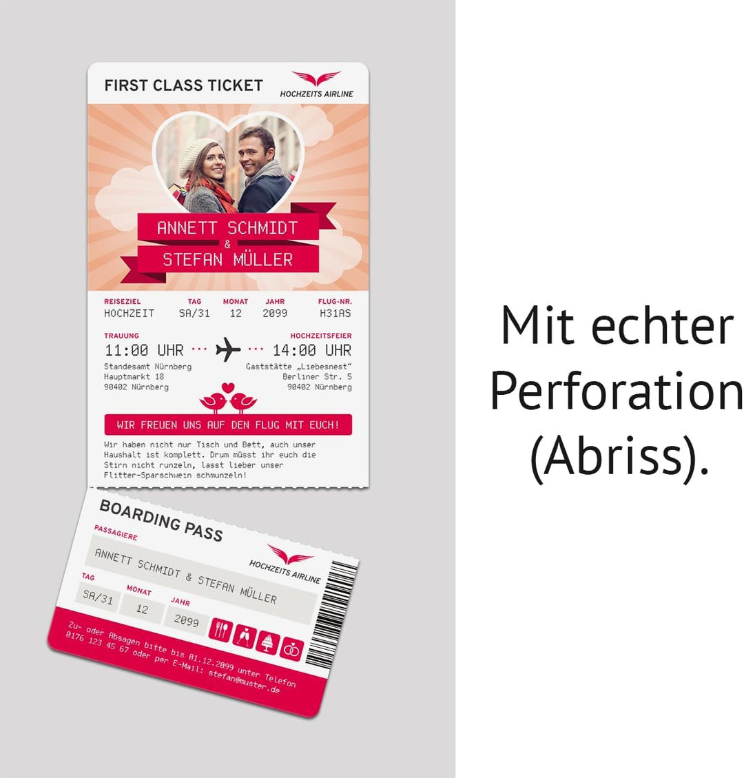 Kartenmachen.de Personalisierte Hochzeit Einladungen (10-100 Stück) - First Class Flugticket - Hochz